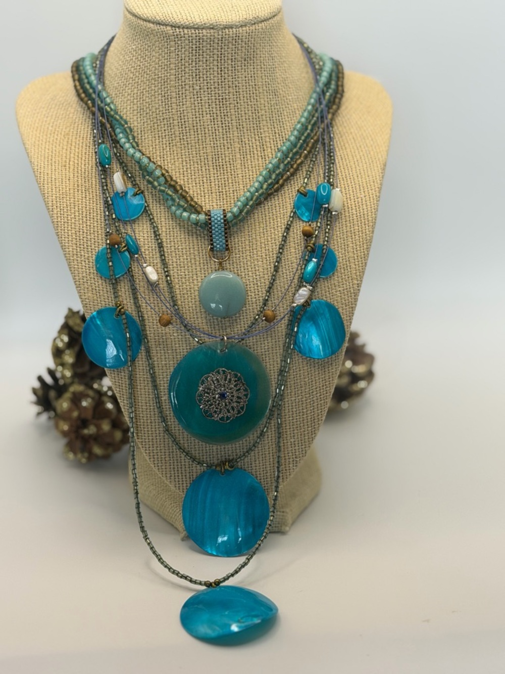 Layered Turquoise Statement Necklace - Women Jewelry Bundle of 3